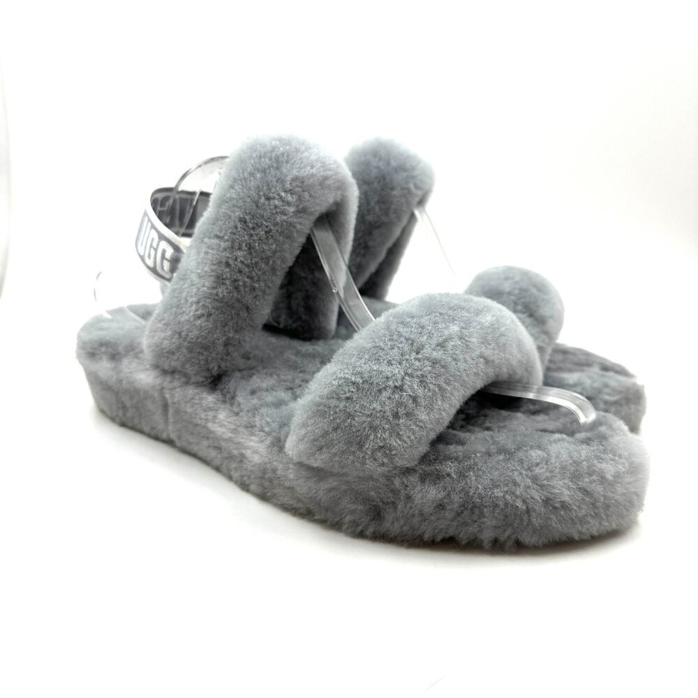 UGG Australia Oh Yeah Slide Slippers Sandals Size 11 Gray Sheepskin Furry Fuzzy